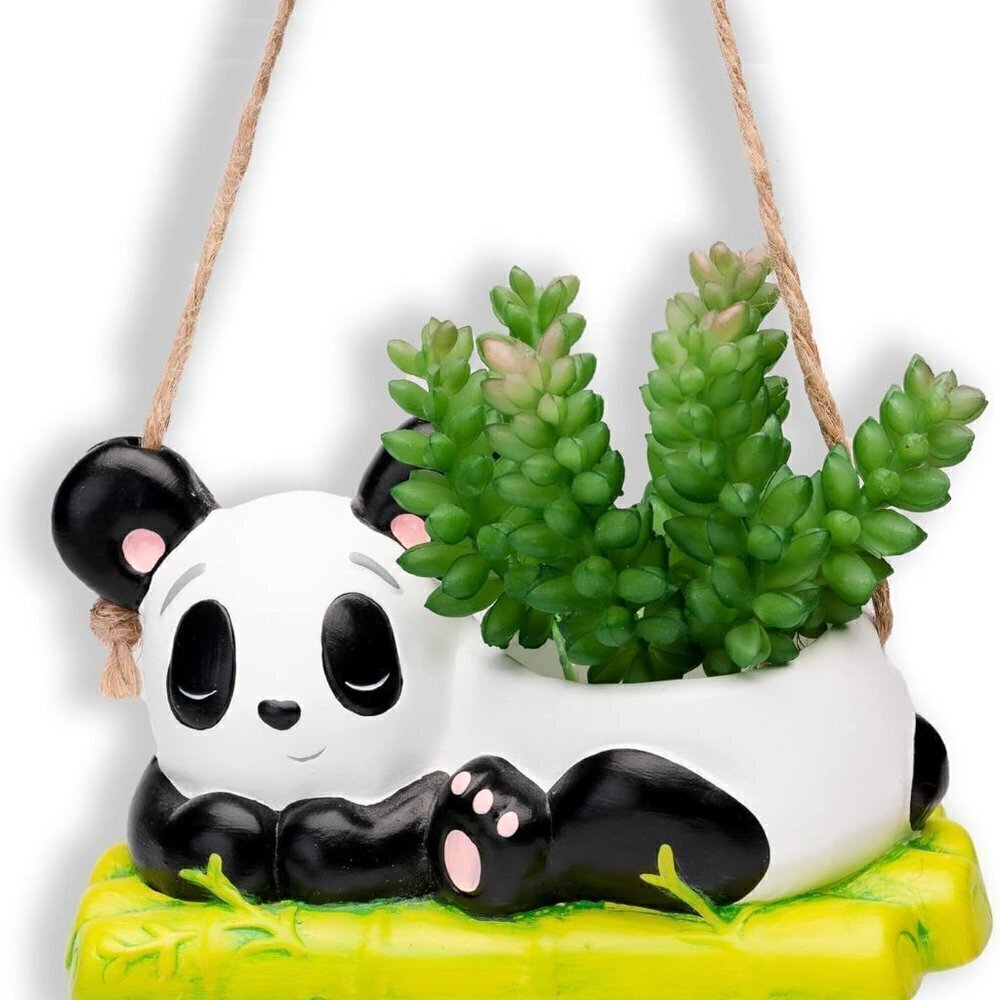 Panda Hanging Planter, Succulent Pot with Drainage, 6 ft Natural Fiber Cord, Cer